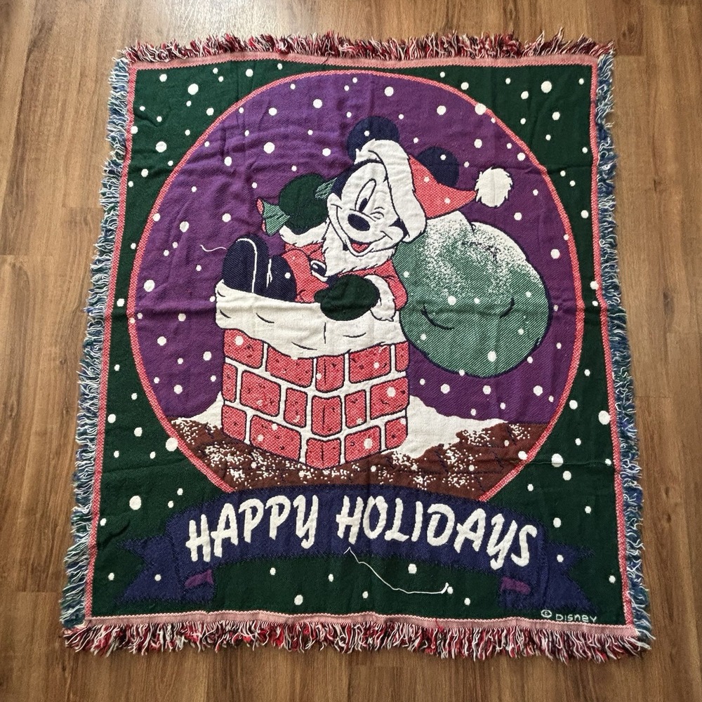 Disney Themed Blanket Mickey Christmas Holidays Red And White Lined 53x59" Soft
